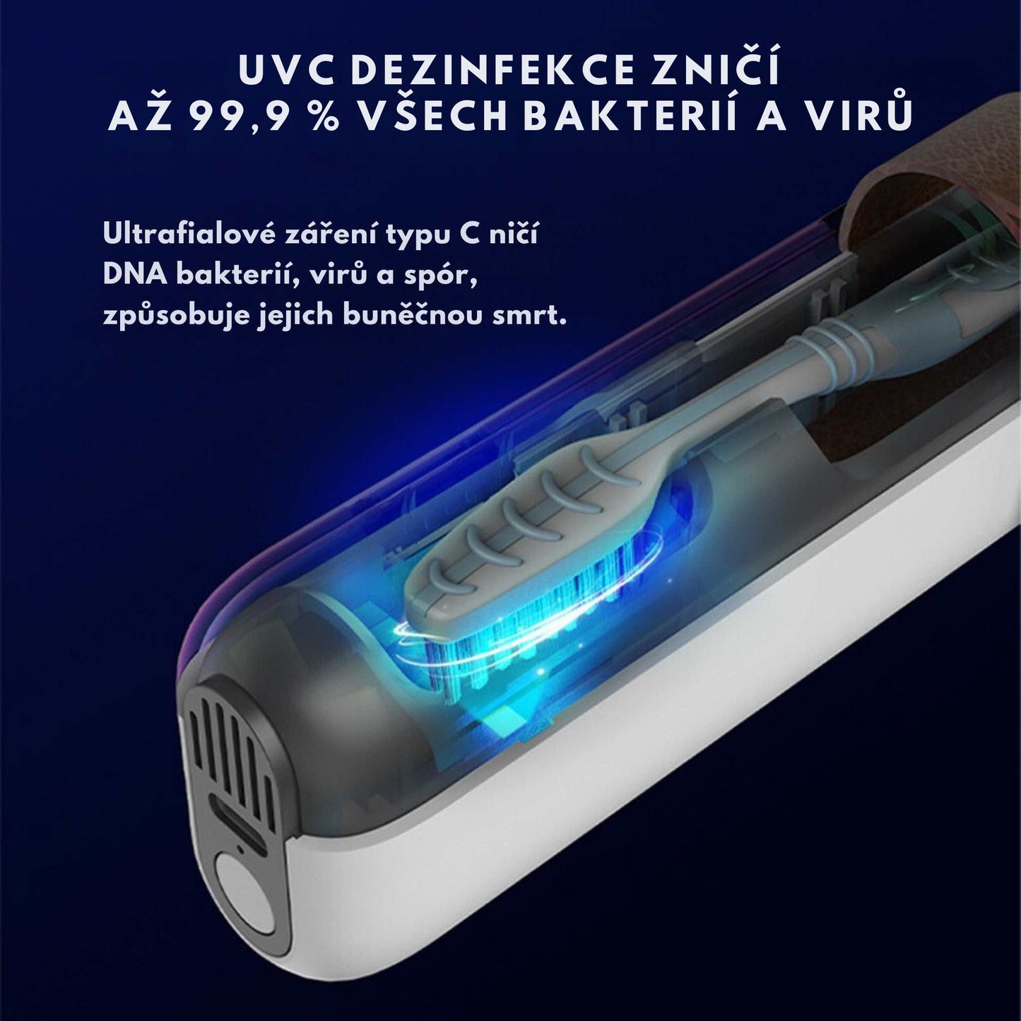 Přenosný UV CleanCase – UV-C záření likviduje 99,9 % bakterií ze zubního kartáčku, hygienické a bez chemie