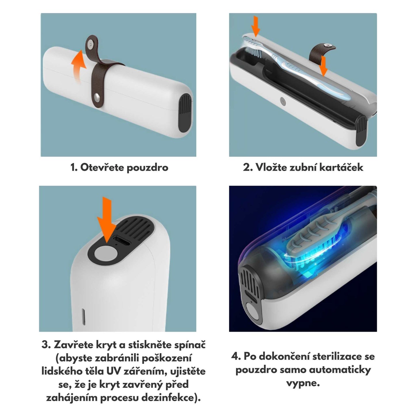 Přenosný UV CleanCase – ukázka použití pouzdra pro hygienické uložení a dezinfekci zubního kartáčku