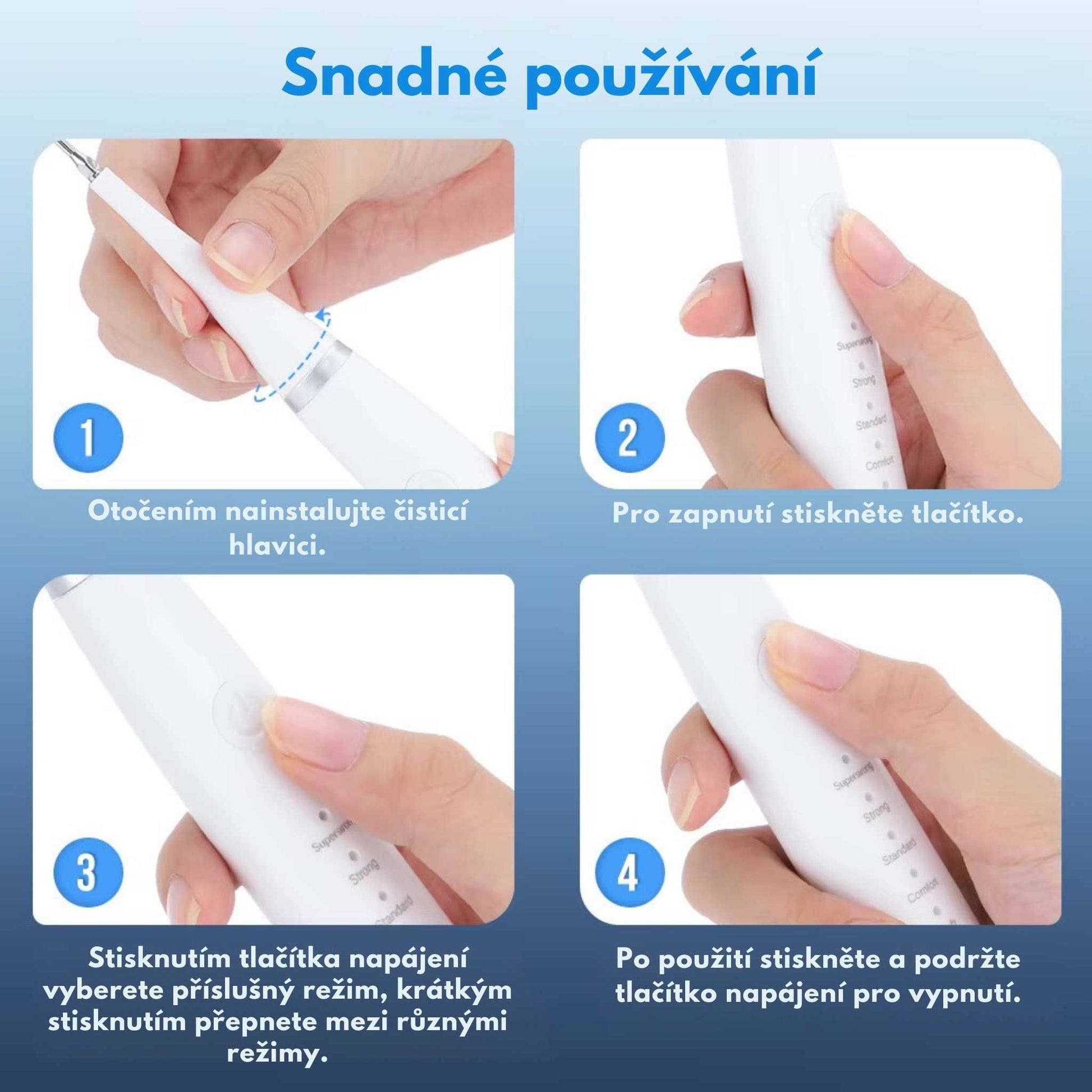 Návod k použití sonického kartáčku a čističe zubního kamene Bobus – postup krok za krokem